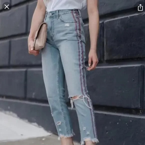 Abercrombie & Fitch Annie High Rise Girlfriend Jeans Blue Red Stripe 27 / 4 R - Picture 1 of 7